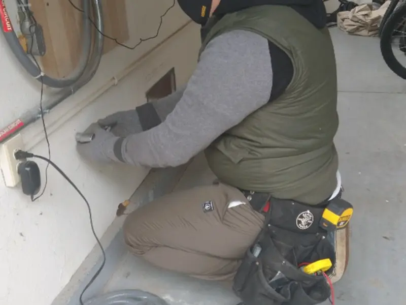 Electrician performing outlet wiring in a Dahlonega garage